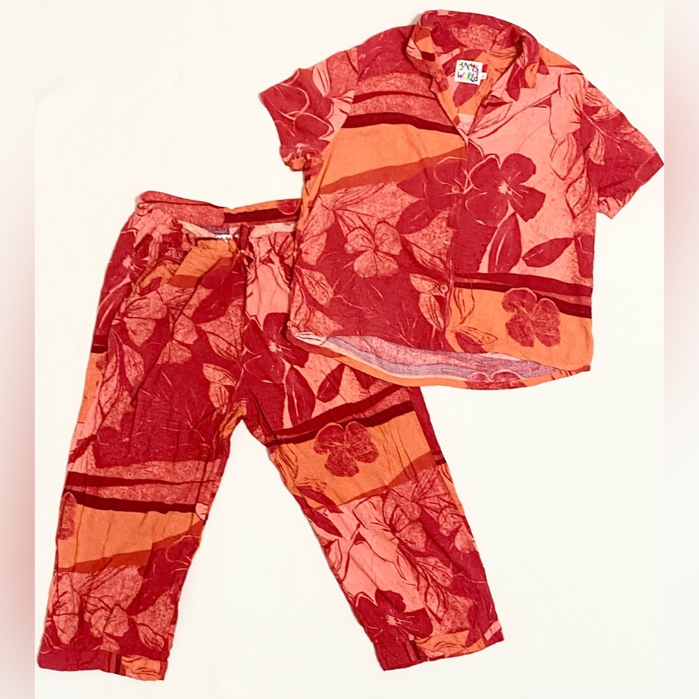 Vintage Jams World Spice Flower Hawaiian Orange Red Floral Top & Pants Set